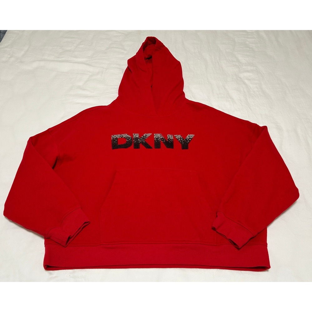 DKNY Sport Womens Red Sequin Logo Fleece Hoodie Sweatshirt XL Pullover Casual